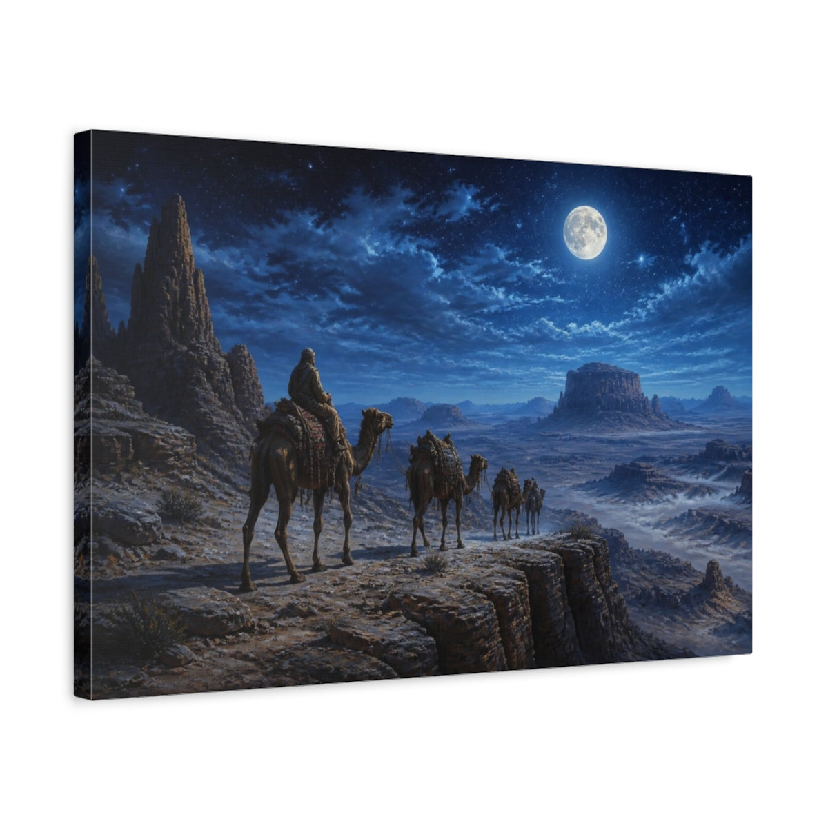 Side Mockup 3. Moonlit Camel Caravan Landscape shown as canvas print