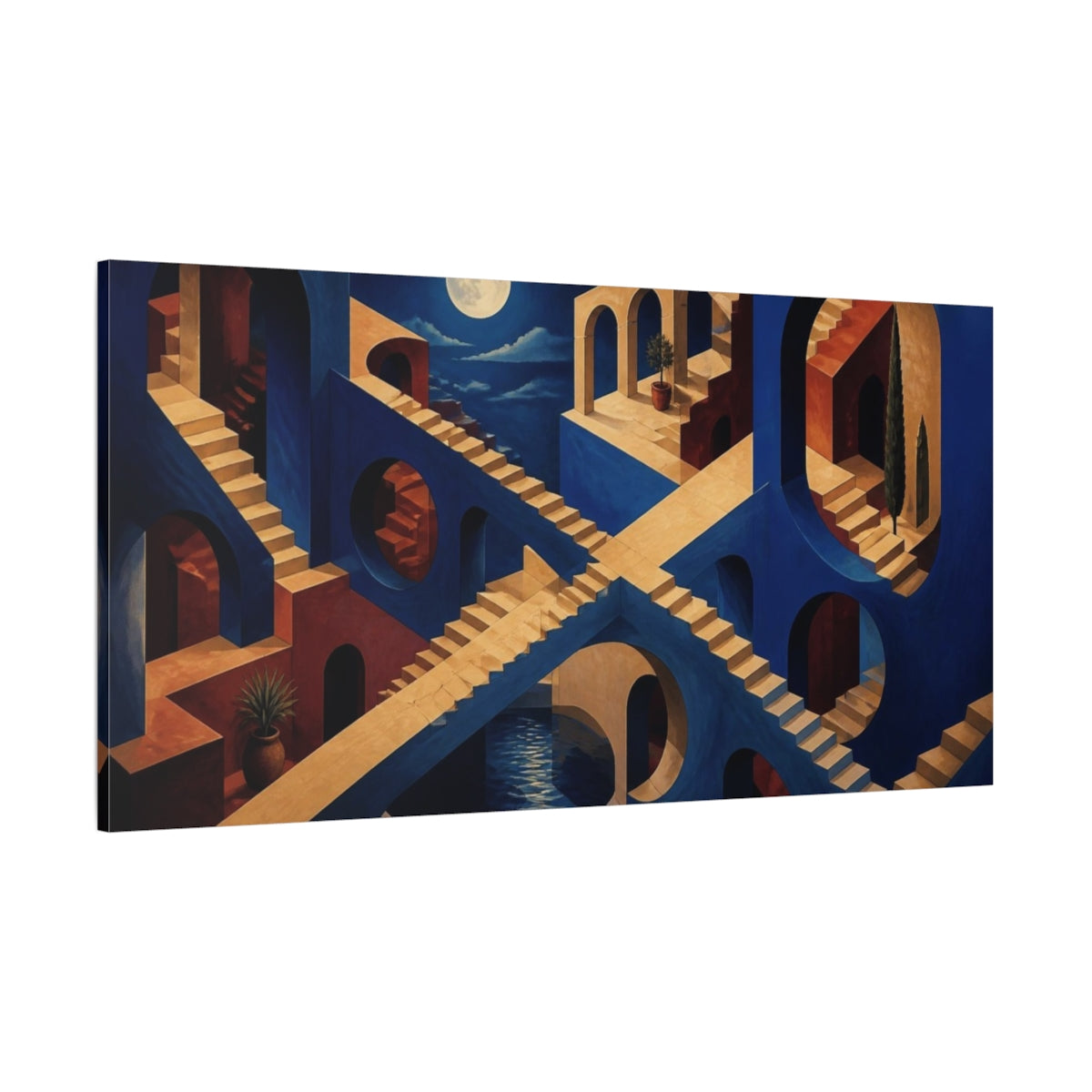 Side Mockup 2. Moonlit Courtyard Illusion shown as canvas print