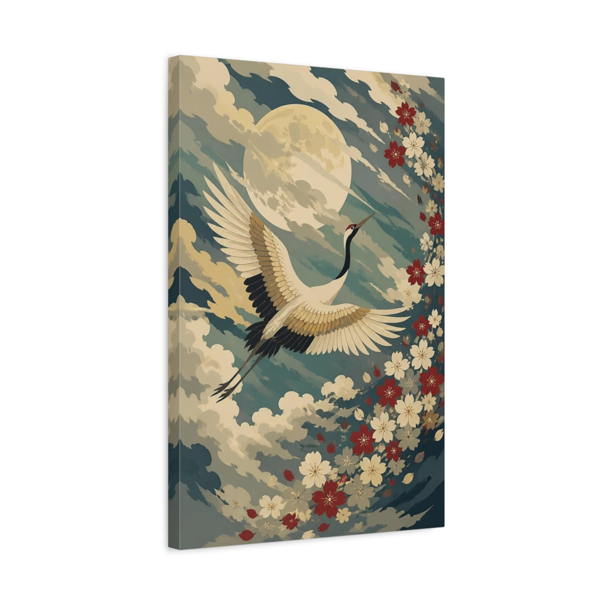 Side Mockup 3. Moonlit Crane Flight shown as canvas print