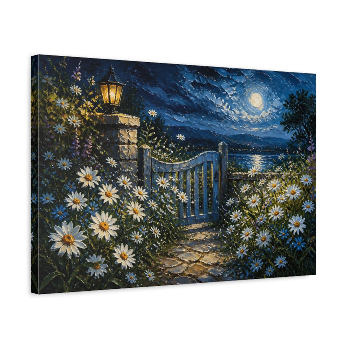 Side Mockup 3. Moonlit Daisy Flowers shown as canvas print