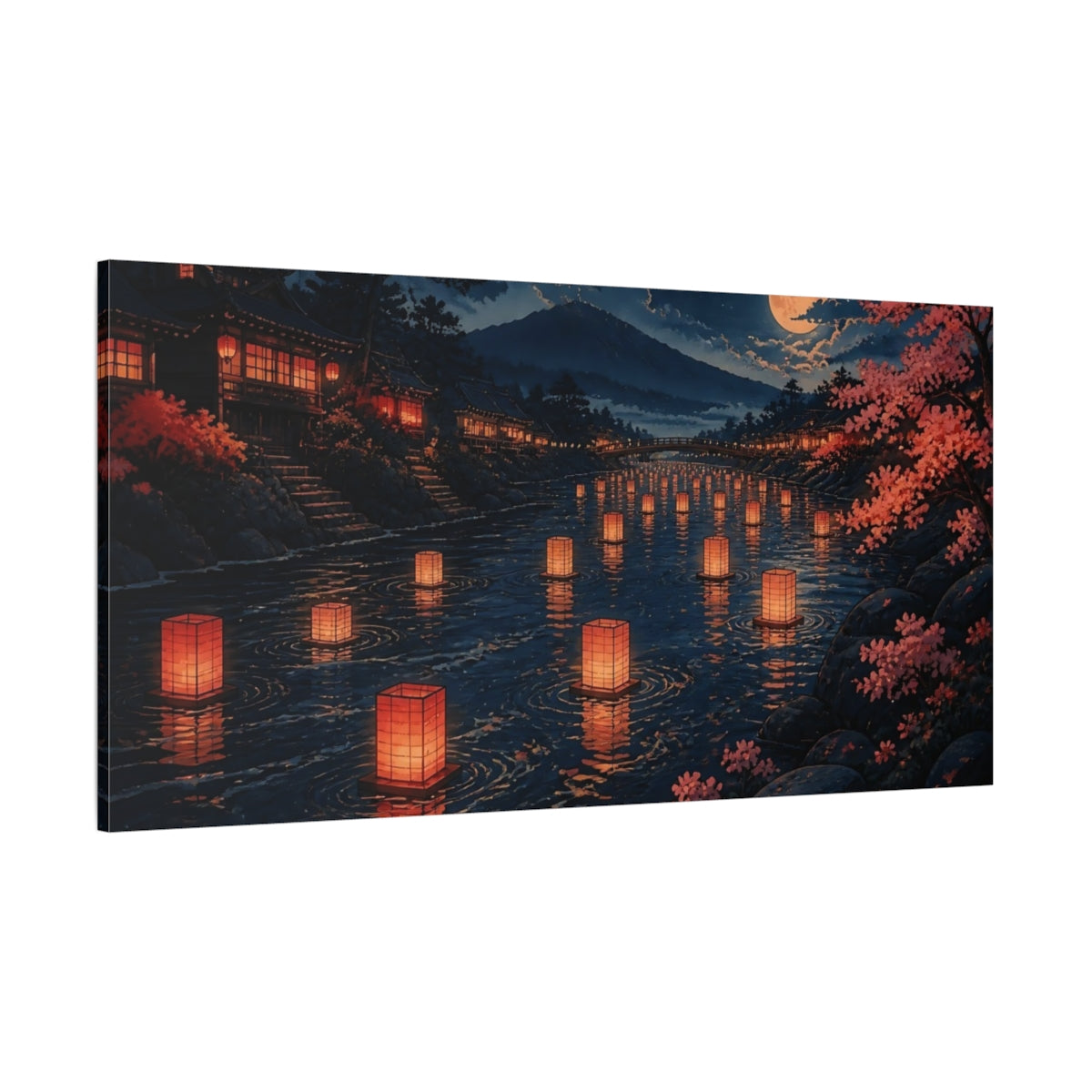 Side Mockup 2. Moonlit Floating Lanterns shown as canvas print