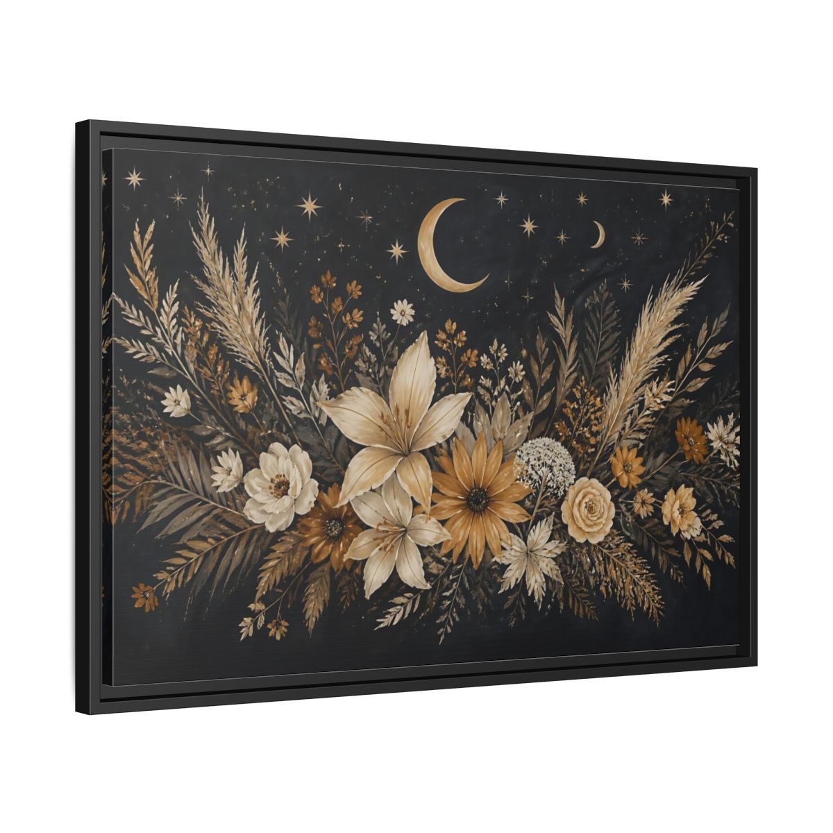 Side Mockup 14. Moonlit Floral Bouquet shown as framed canvas print