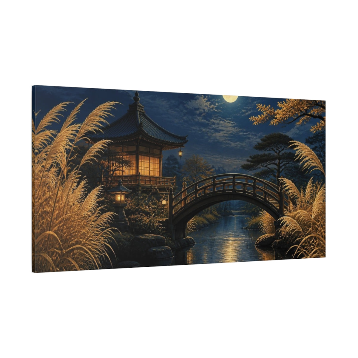 Side Mockup 2. Moonlit Japanese Bridge shown as canvas print