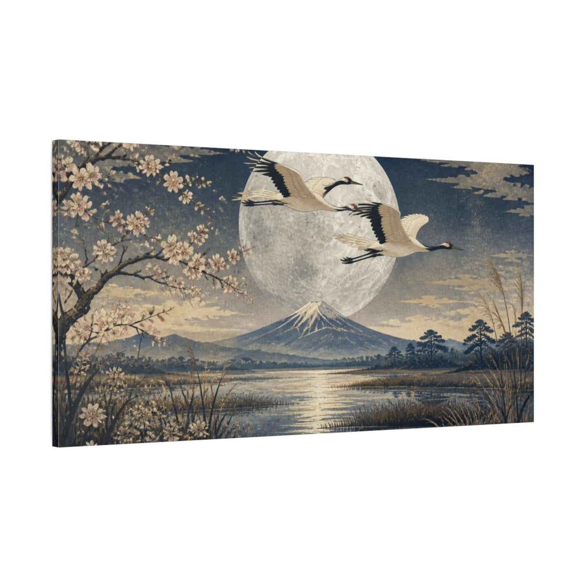 Side Mockup 2. Moonlit Japanese Cranes shown as canvas print
