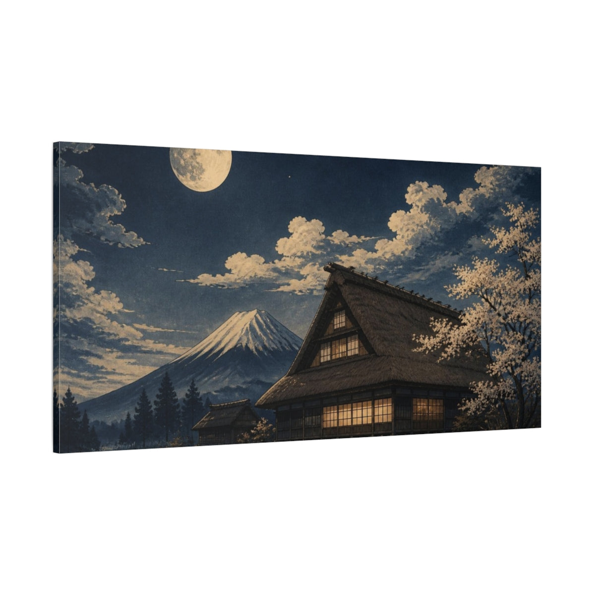Side Mockup 2. Moonlit Japanese Farmhouse shown as canvas print