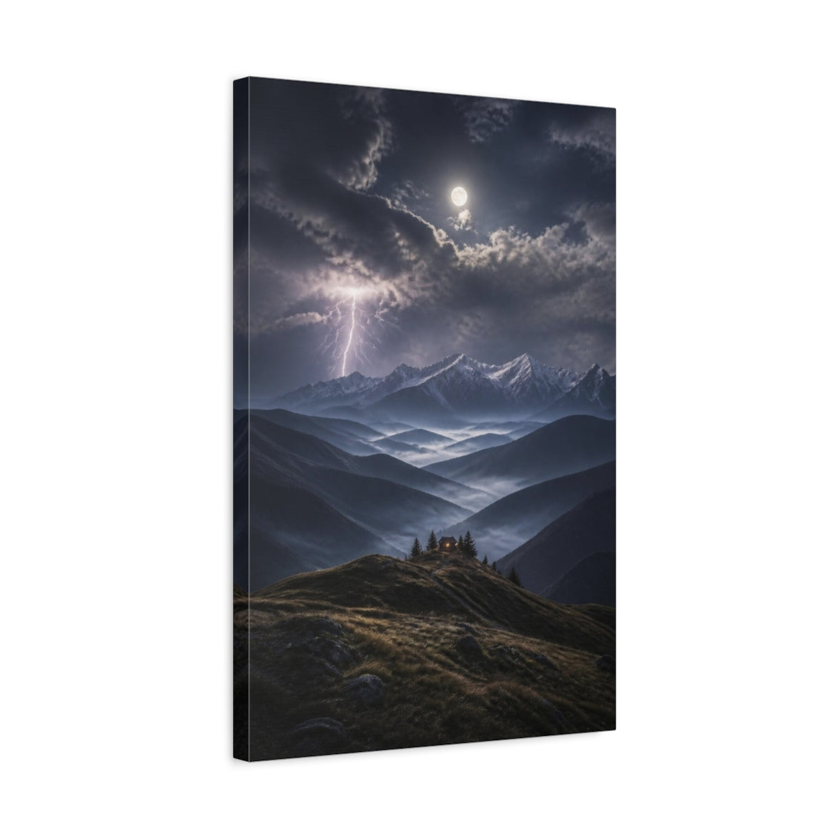 Side Mockup 3. Moonlit Mountain Landscape shown as canvas print