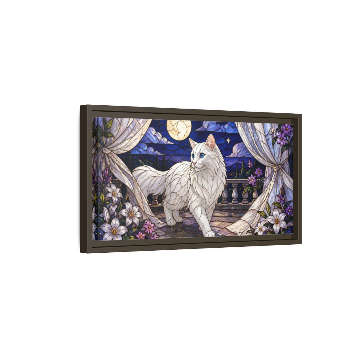 Side Mockup 7. Moonlit Pet Cat shown as framed canvas print