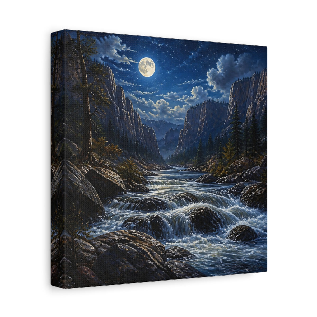 Side Mockup 9. Moonlit River Landscape shown as canvas print