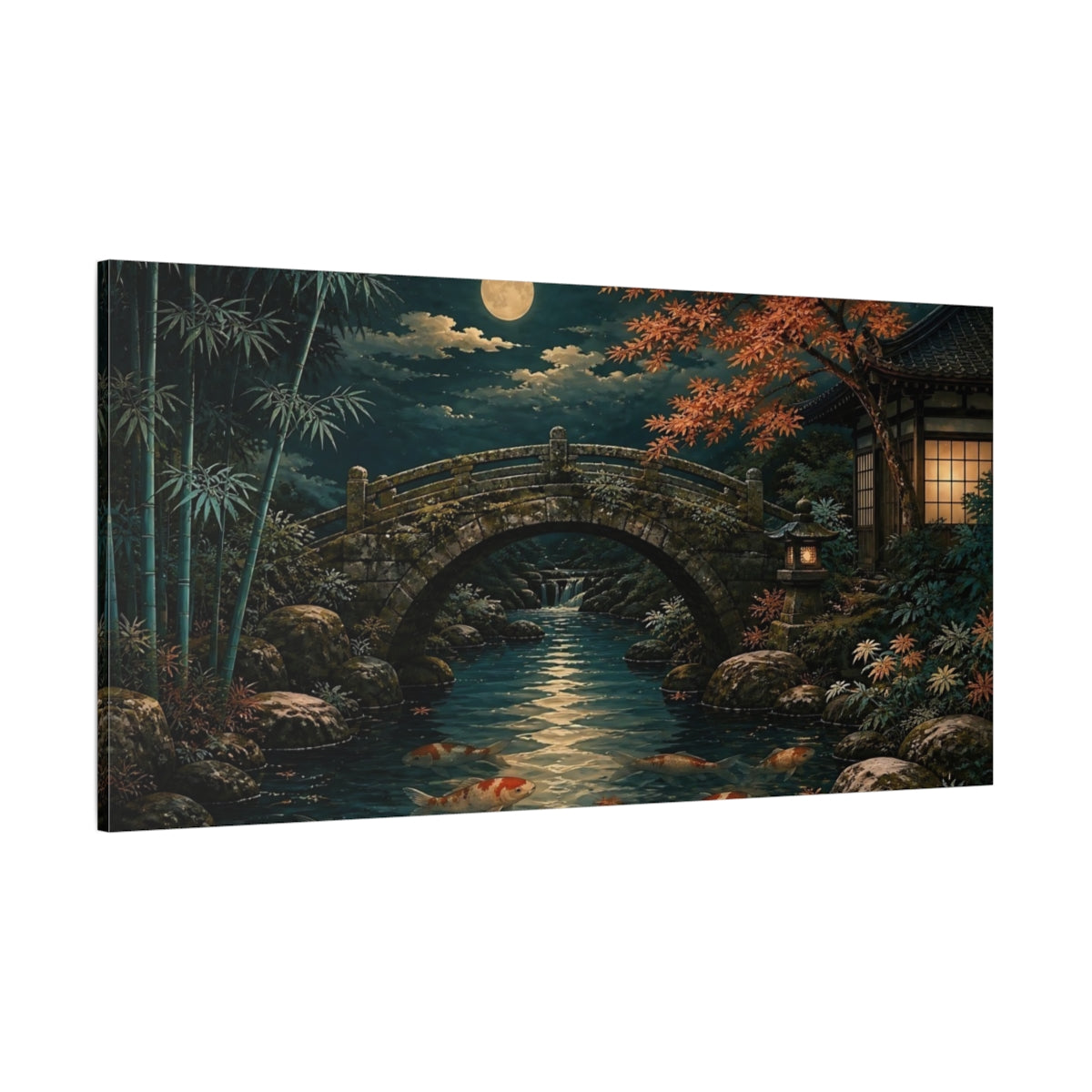 Side Mockup 2. Moonlit Stone Bridge shown as canvas print