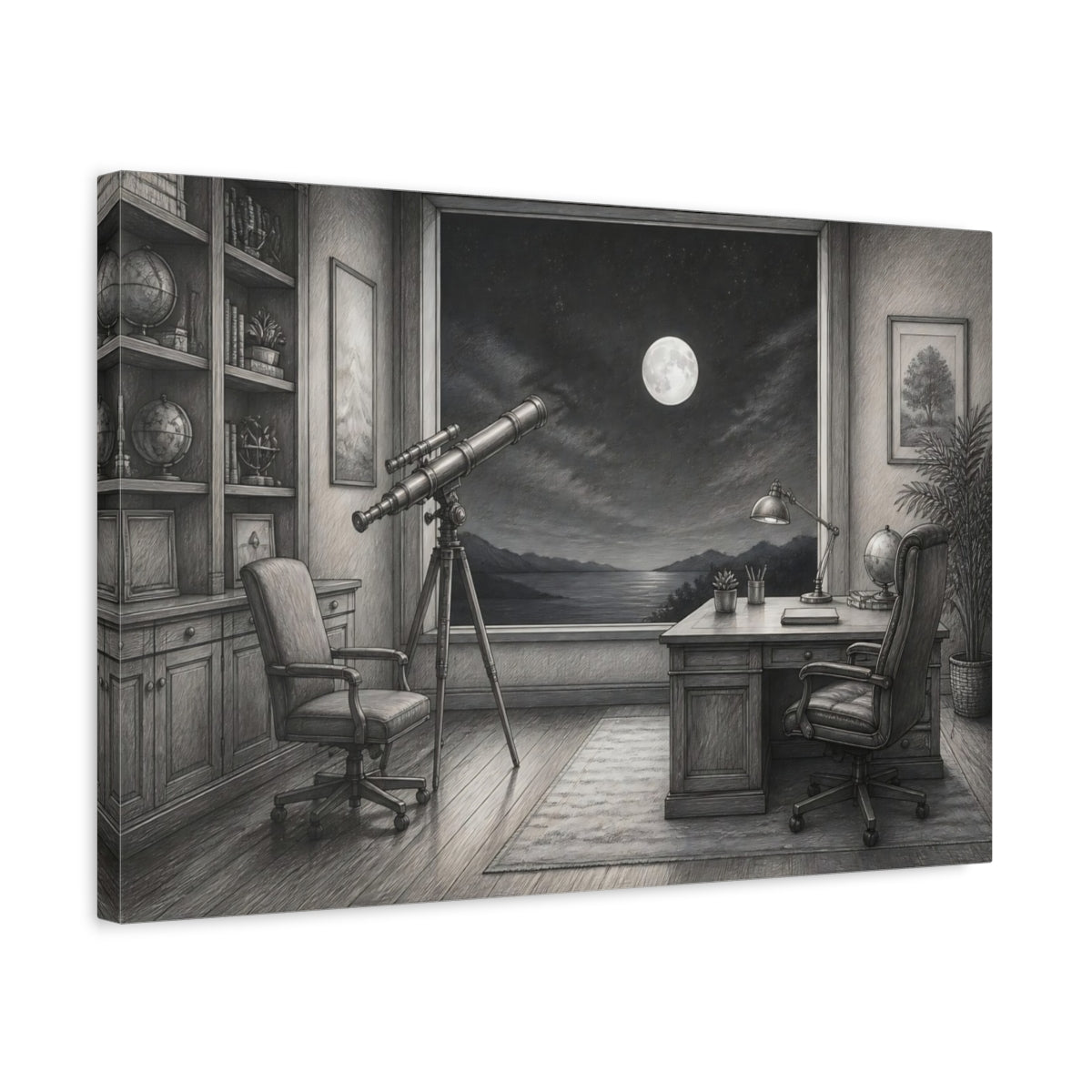 Side Mockup 3. Moonlit Telescope Study shown as canvas print