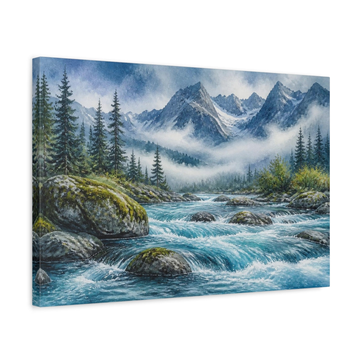 Side Mockup 3. Mountain River Landscape shown as canvas print