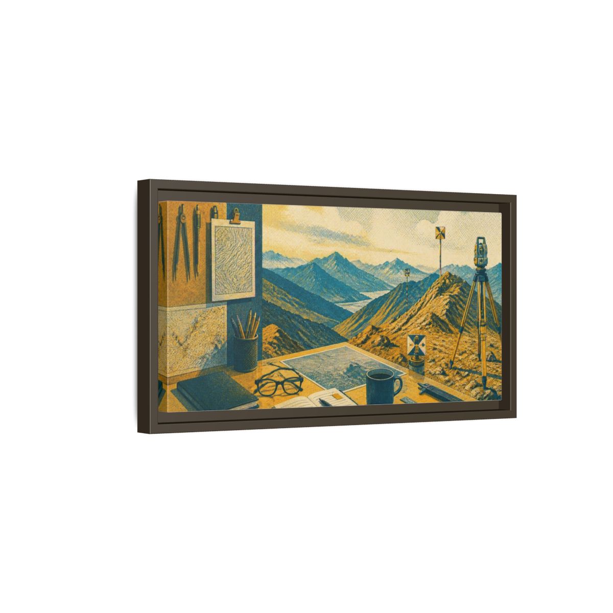 Side Mockup 7. Mountain Survey Office Desk shown as framed canvas print