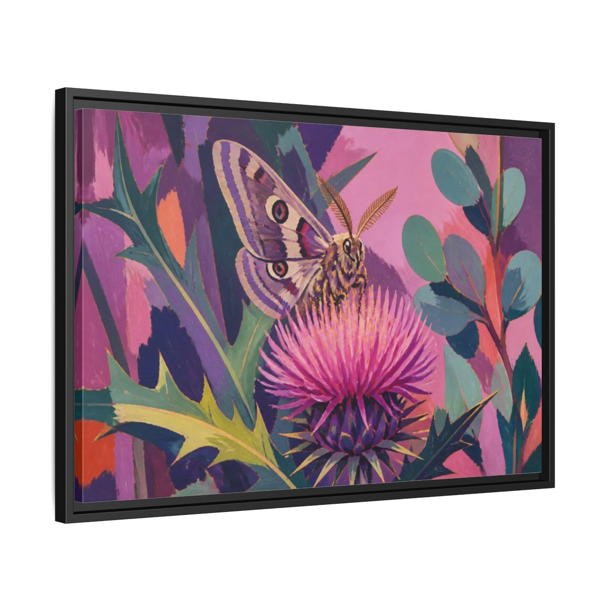 Side Mockup 14. Nature Moth On Thistle shown as framed canvas print