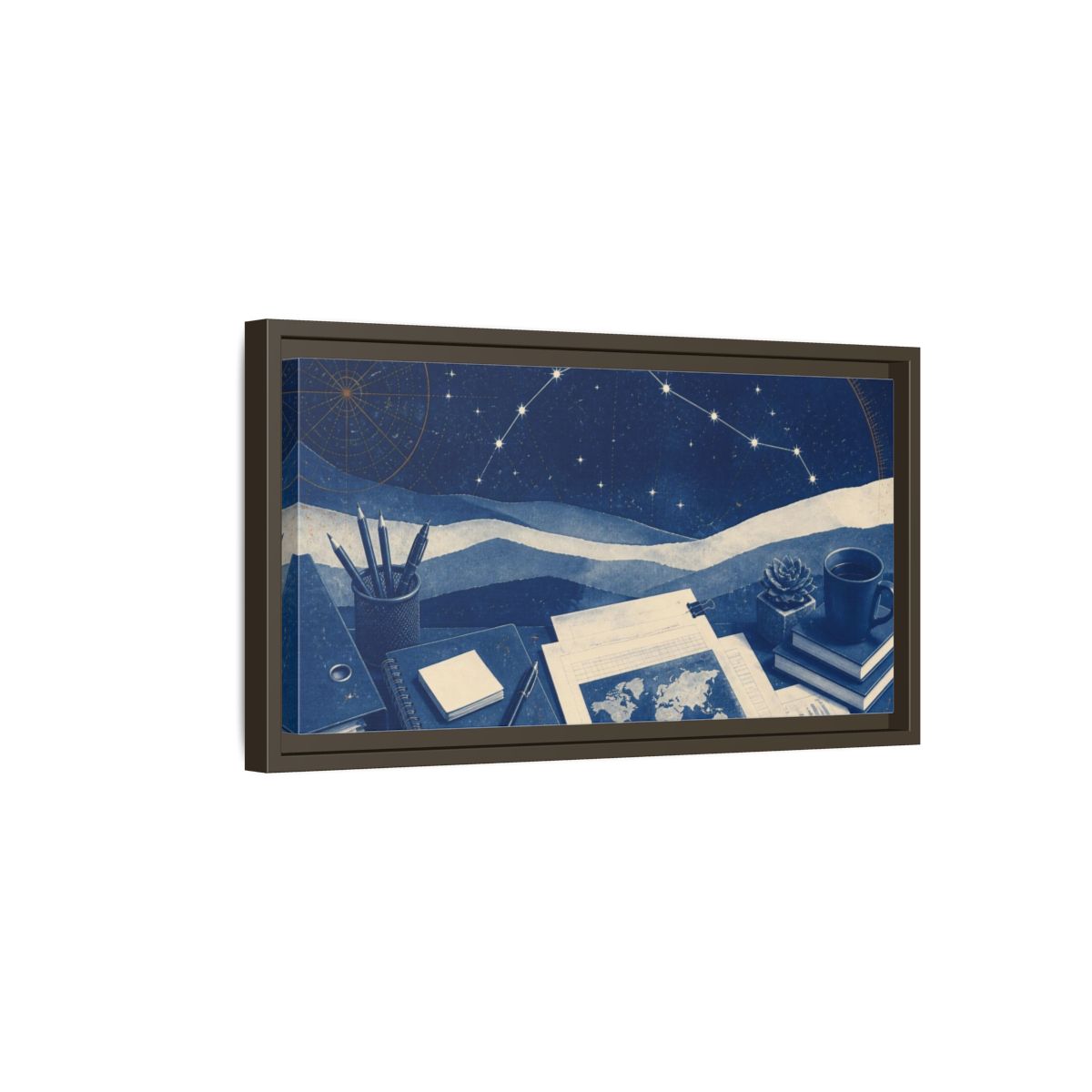 Side Mockup 7. Office Desk Constellation Map shown as framed canvas print