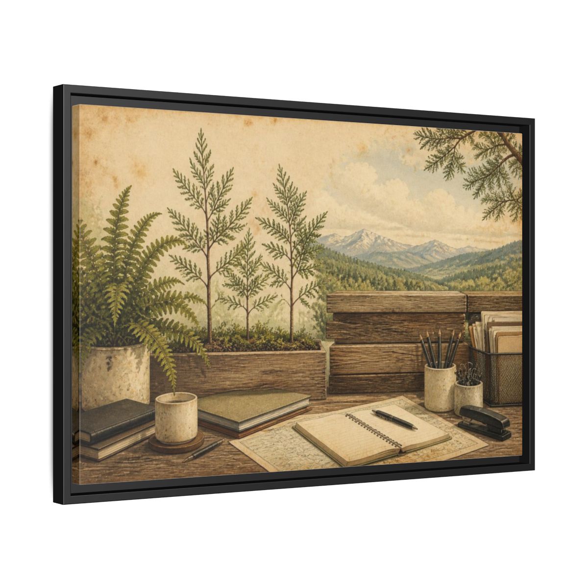 Side Mockup 14. Office Desk With Ferns shown as framed canvas print