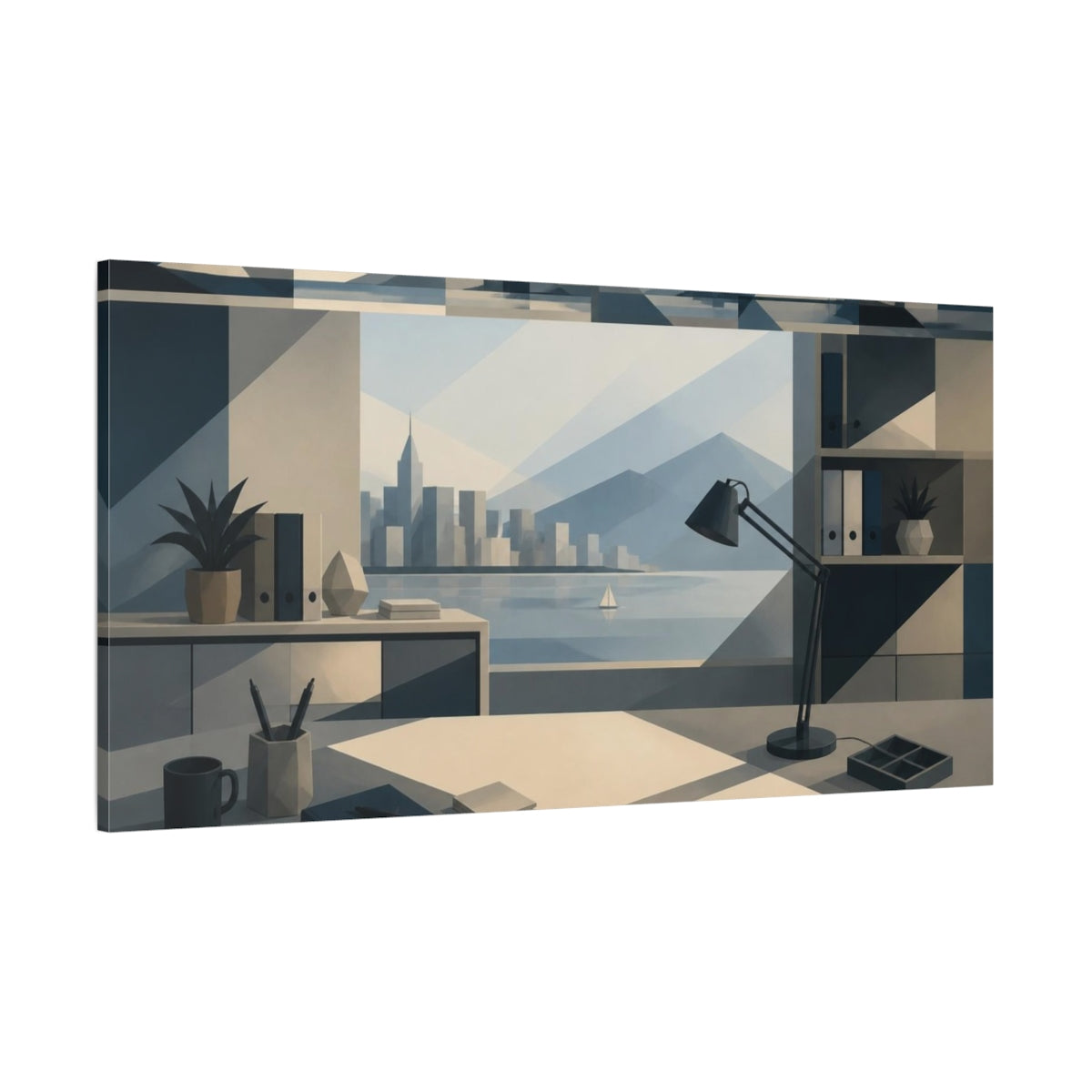 Side Mockup 2. Office Desk With Skyline shown as canvas print
