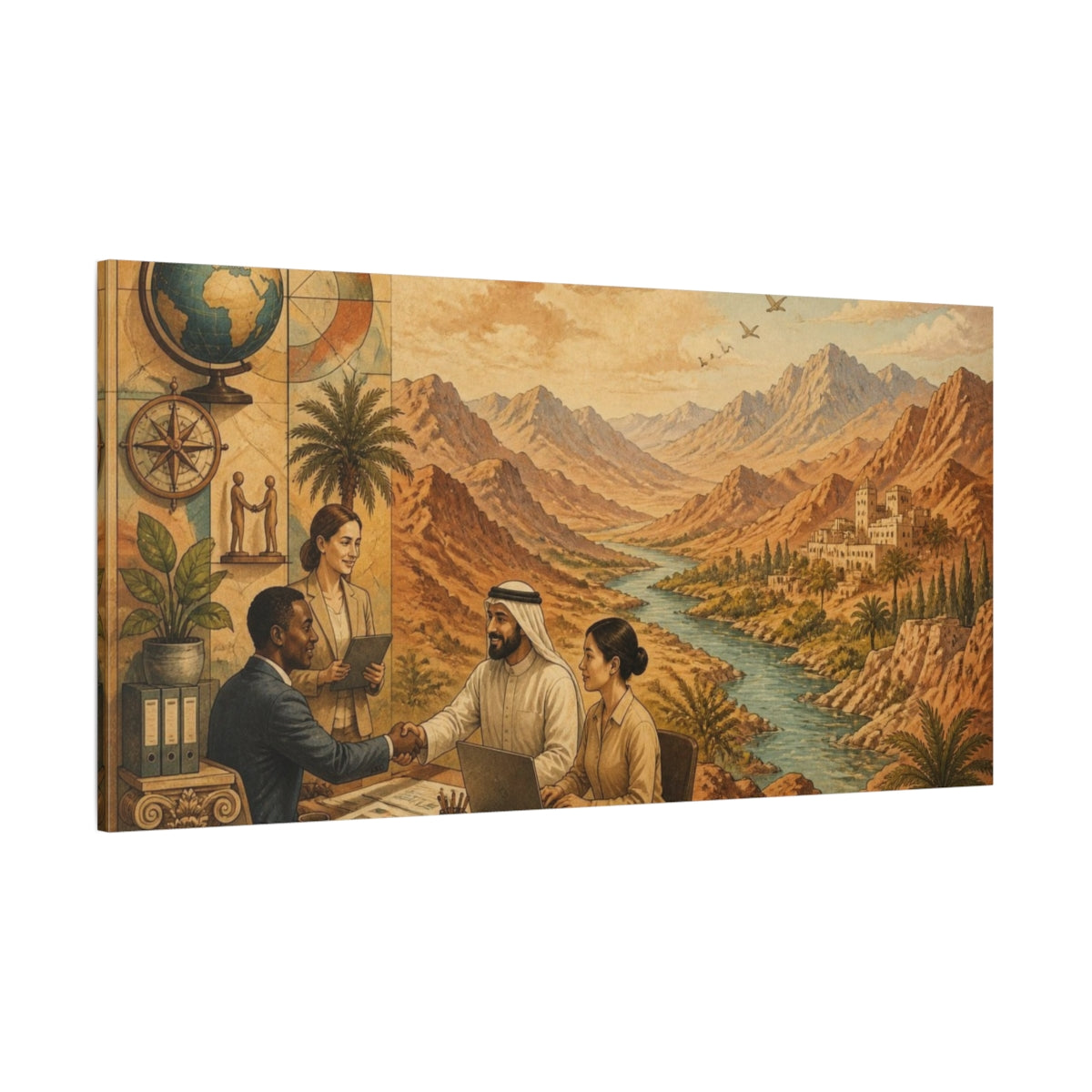 Side Mockup 2. Office River Meeting shown as canvas print