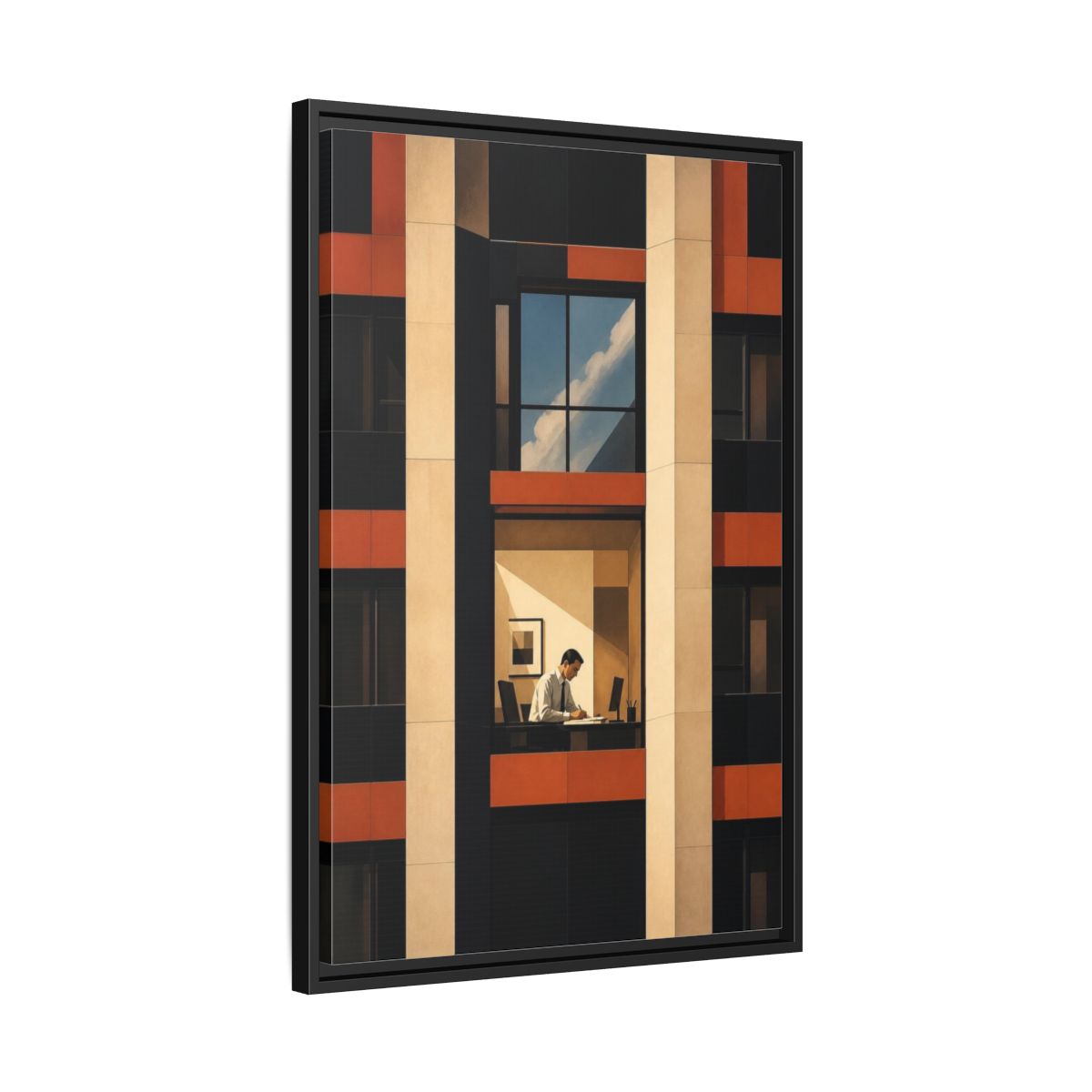 Side Mockup 14. Office Worker At Desk shown as framed canvas print