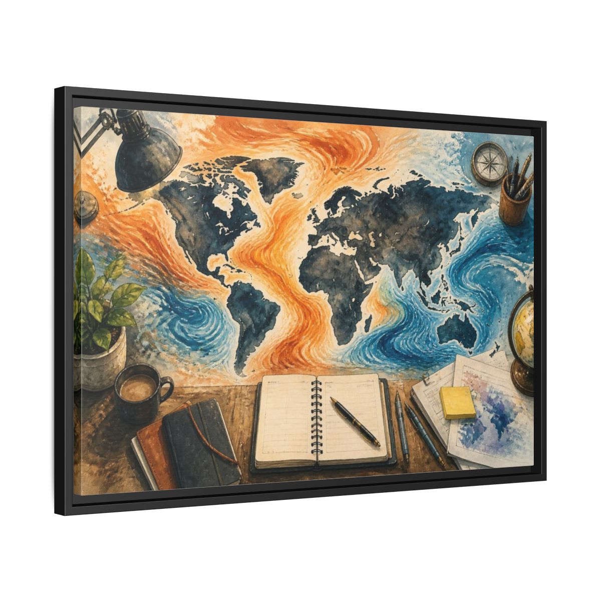 Side Mockup 14. Office World Map Desk shown as framed canvas print