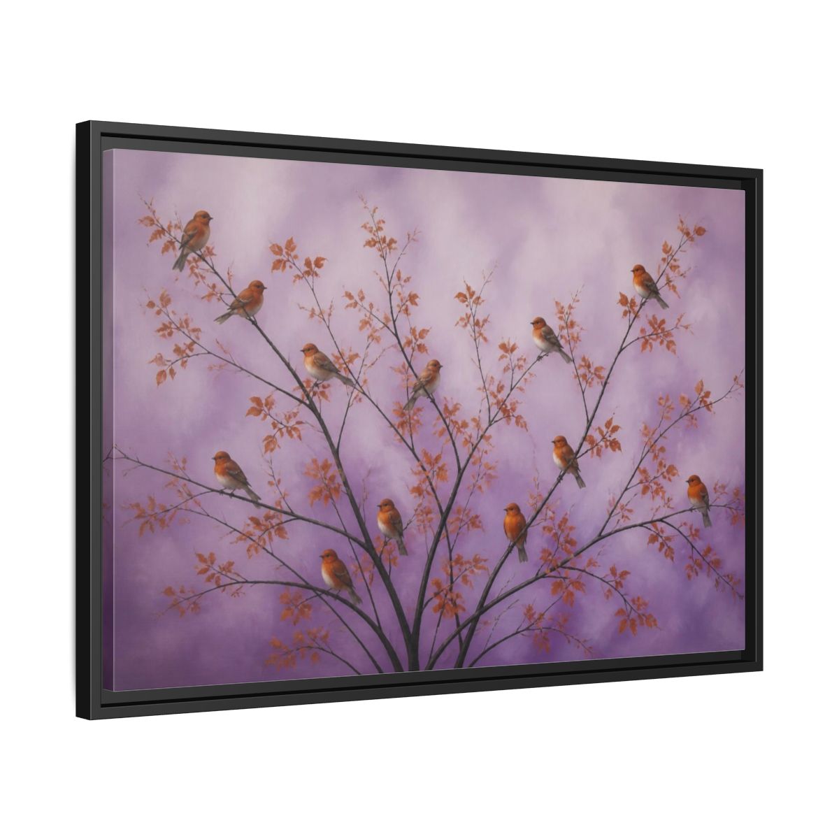 Side Mockup 14. Orange Birds On Lavender Branches shown as framed canvas print