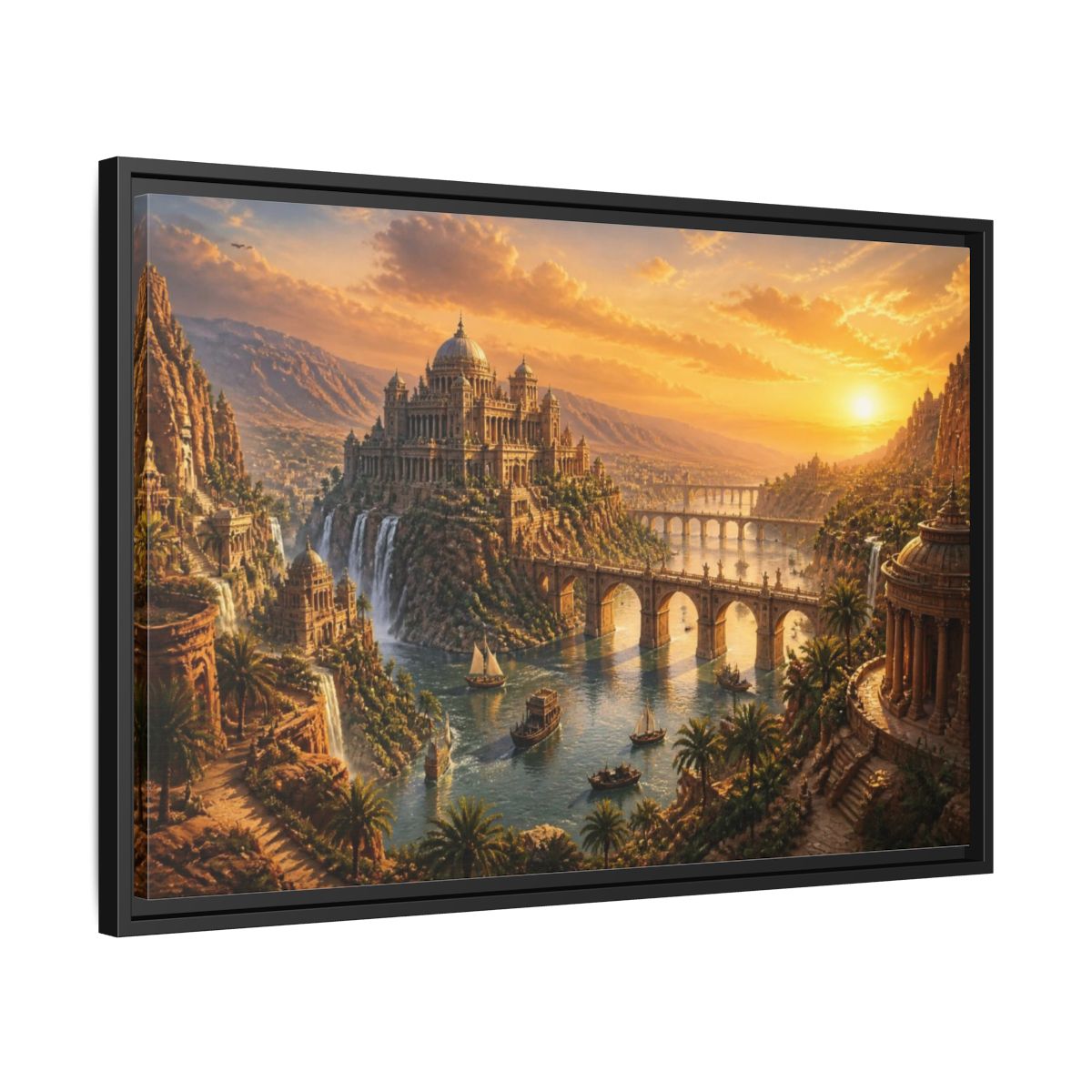 Side Mockup 14. Palace Landscape At Sunset shown as framed canvas print