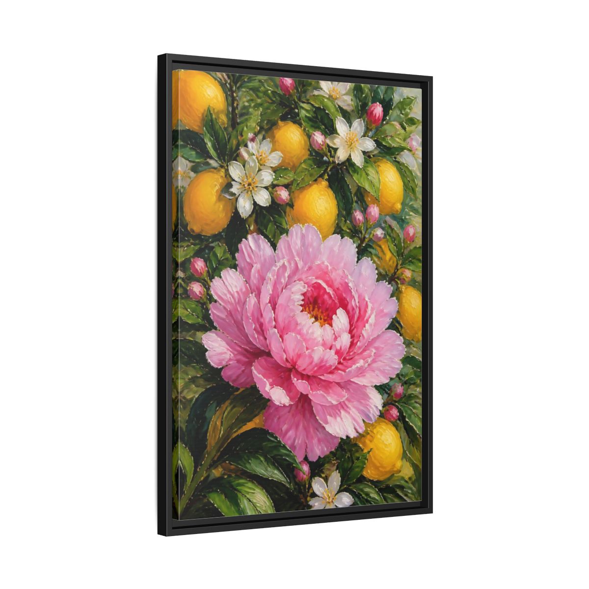 Side Mockup 14. Peony & Lemon Flowers shown as framed canvas print