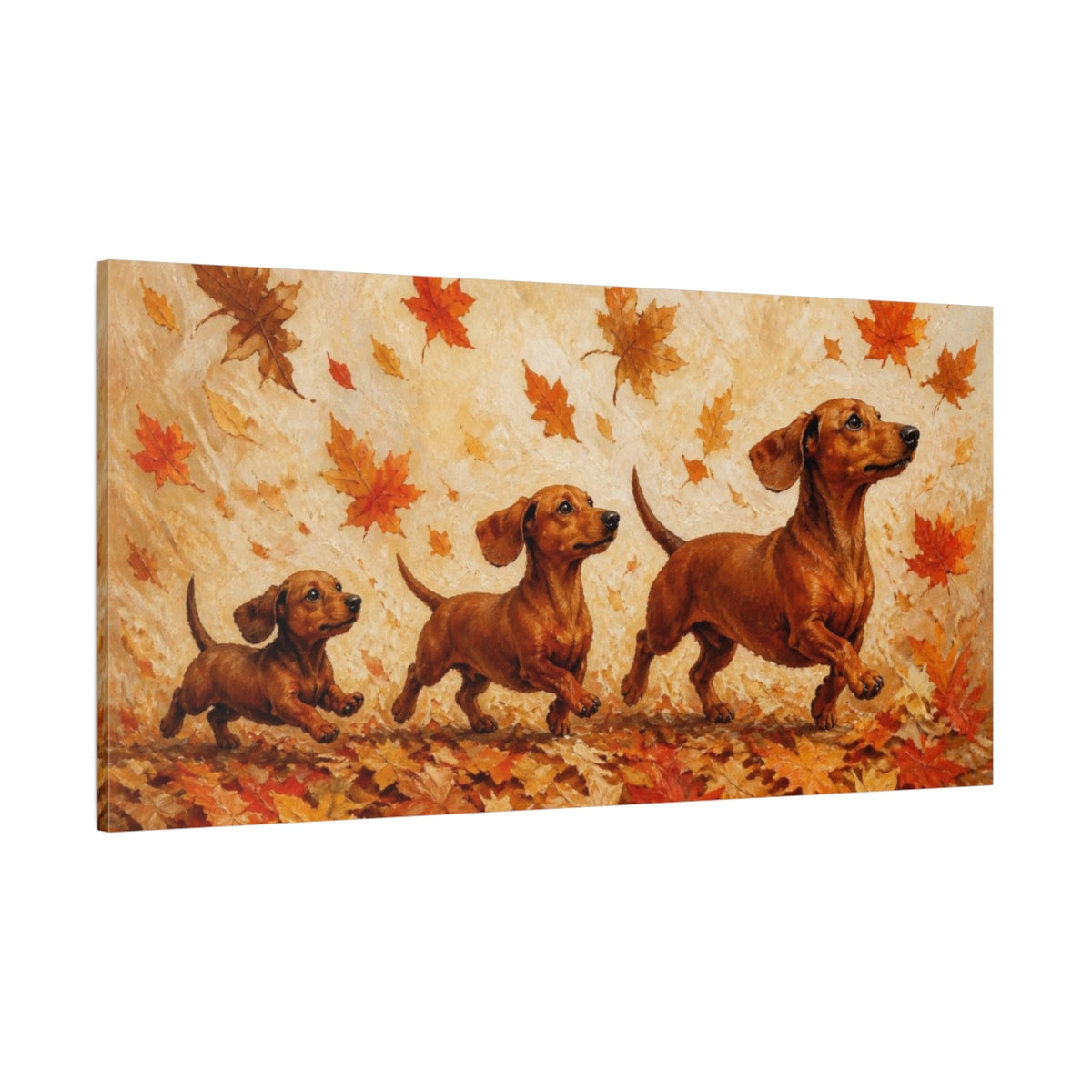 Side Mockup 2. Pet Dachshund In Leaves shown as canvas print