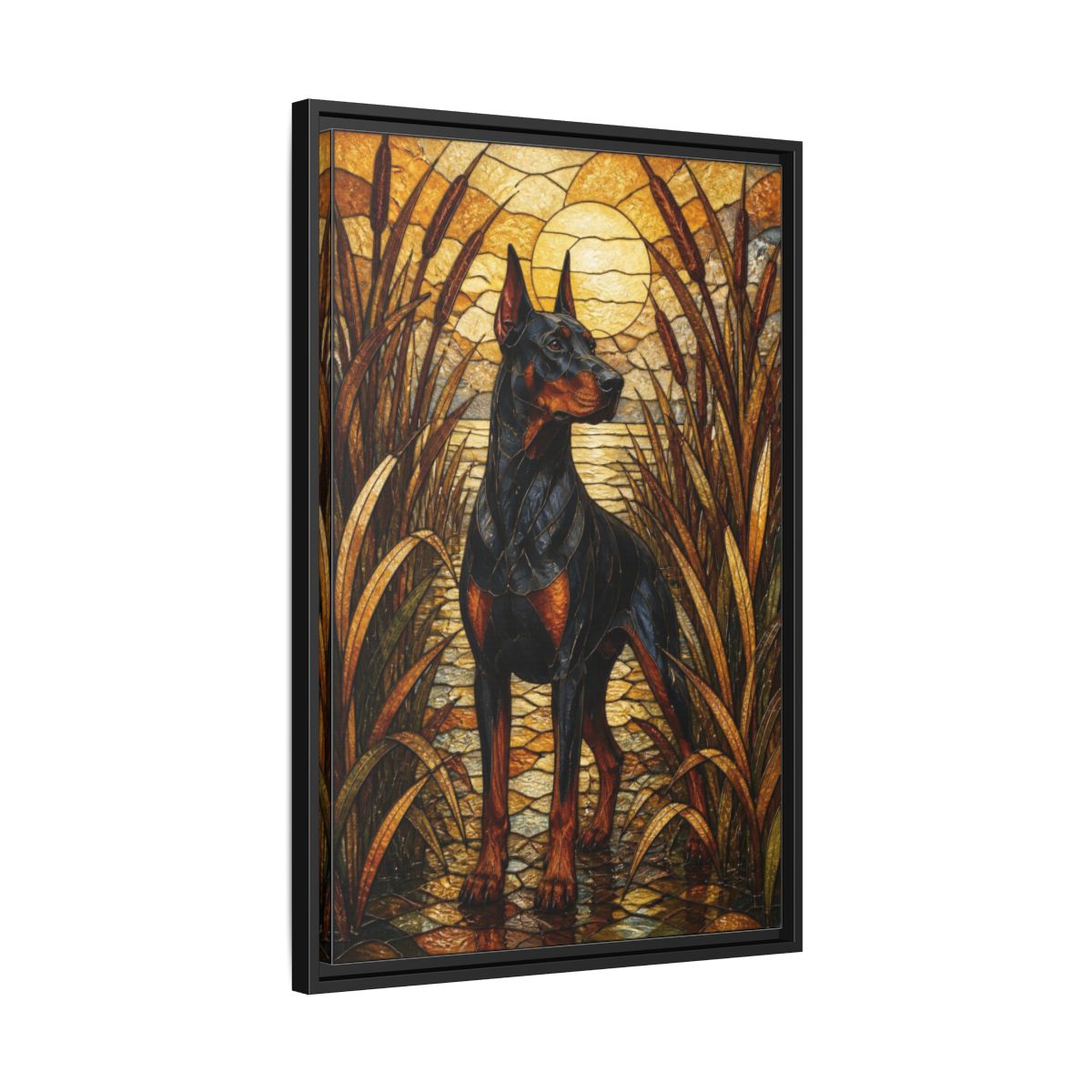 Side Mockup 14. Pet Doberman Stained Glass shown as framed canvas print