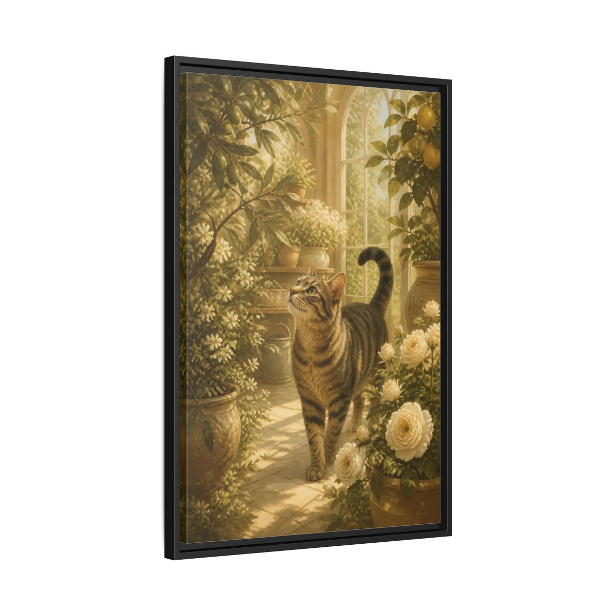 Side Mockup 14. Pet Tabby In Conservatory shown as framed canvas print
