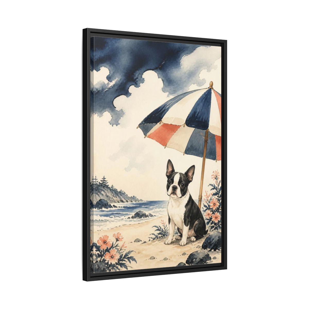 Side Mockup 14. Pets: Boston Terrier Beach shown as framed canvas print