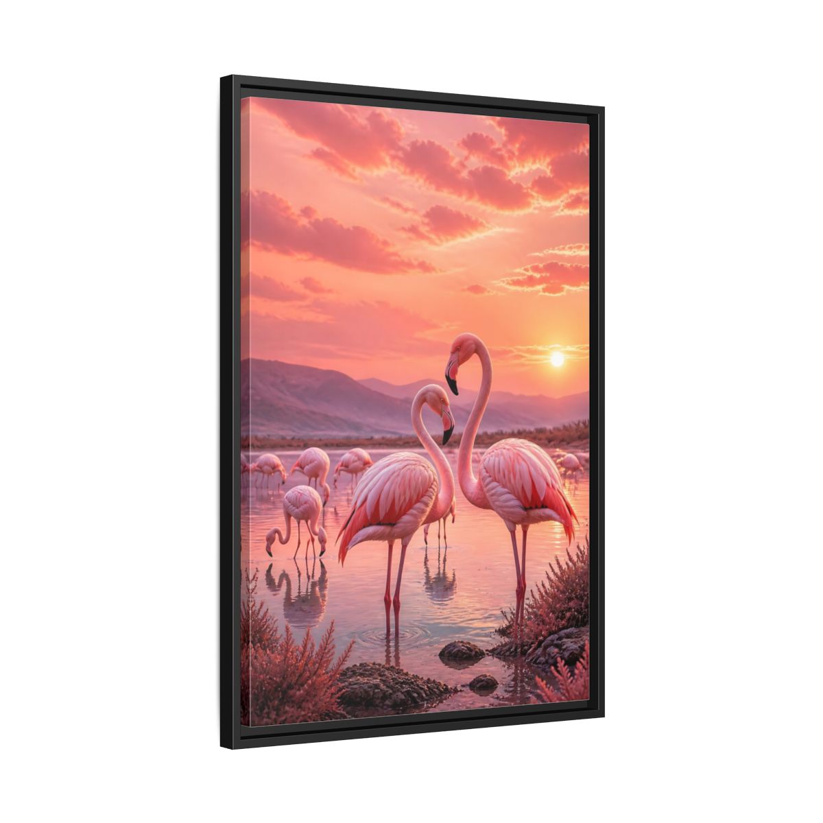 Side Mockup 14. Pink Flamingos Animals shown as framed canvas print