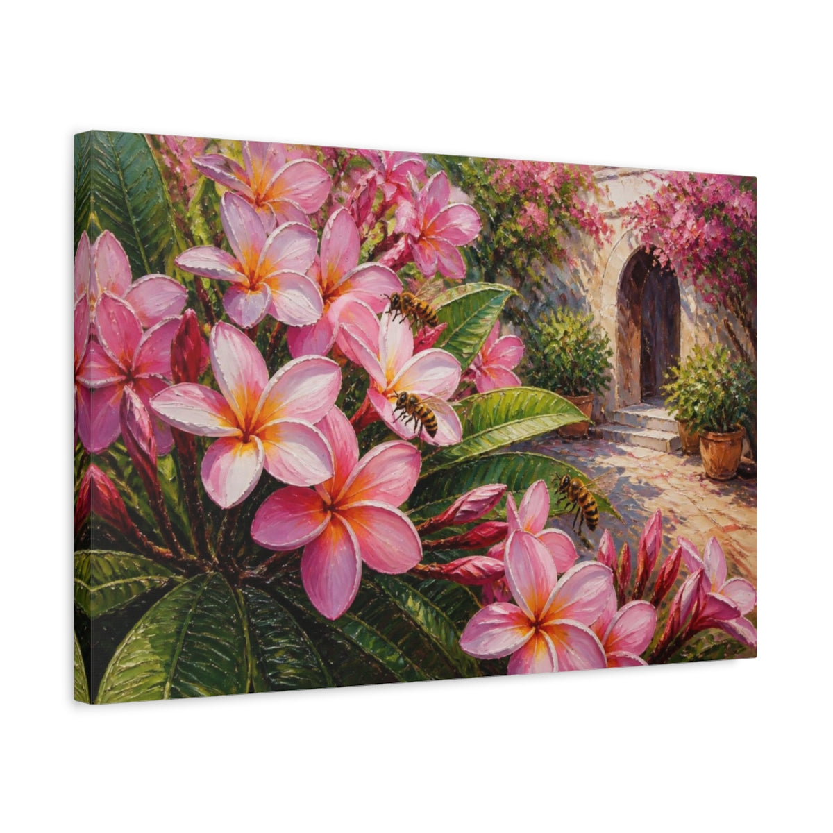 Side Mockup 3. Pink Plumeria Flowers shown as canvas print