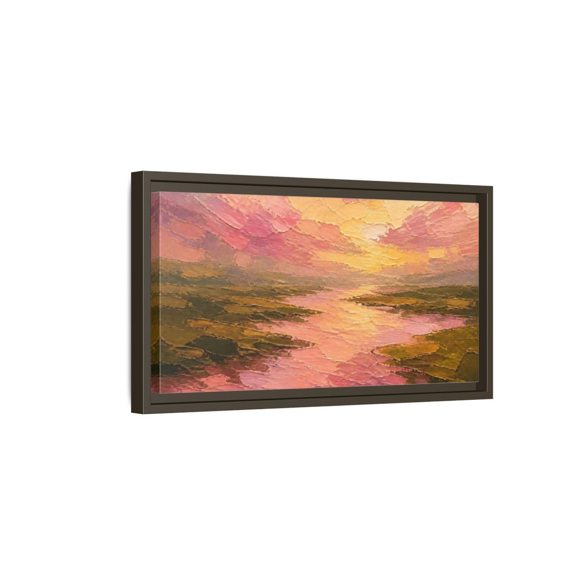 Side Mockup 7. Pink River Delta Sunset shown as framed canvas print