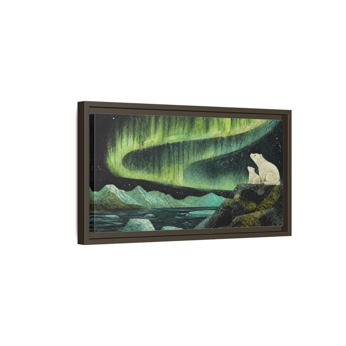 Side Mockup 7. Polar Bears Under Aurora shown as framed canvas print