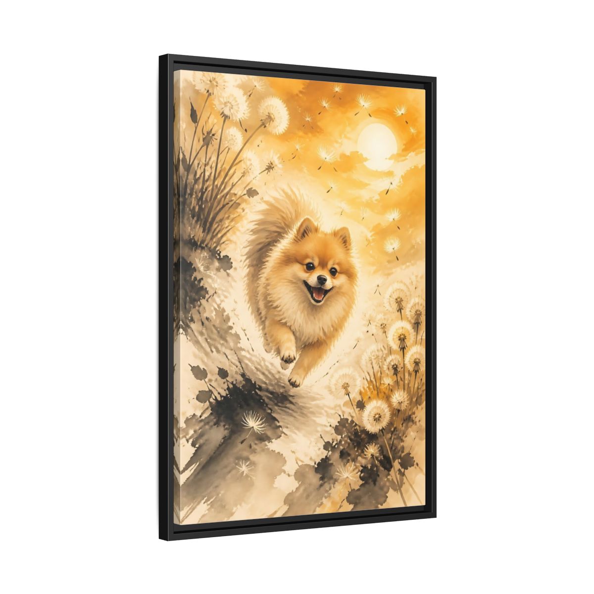 Side Mockup 14. Pomeranian In Dandelions shown as framed canvas print