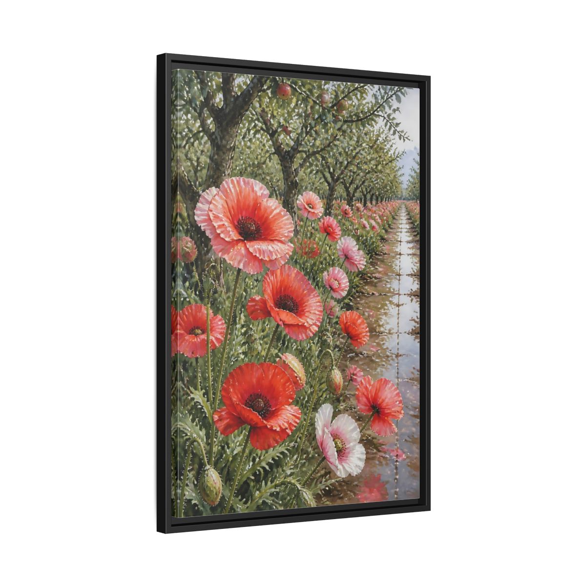 Side Mockup 14. Poppy Flowers In Orchard shown as framed canvas print