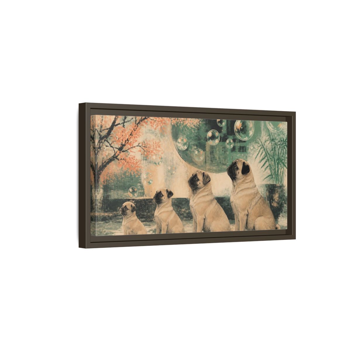 Side Mockup 7. Pug Pets And Bubbles shown as framed canvas print