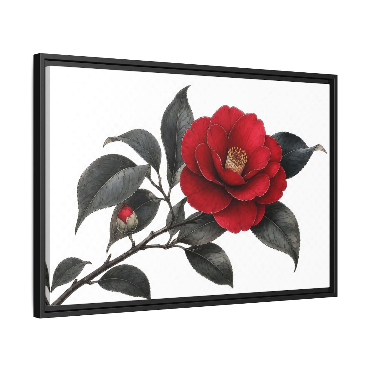 Side Mockup 14. Red Camellia Bloom shown as framed canvas print