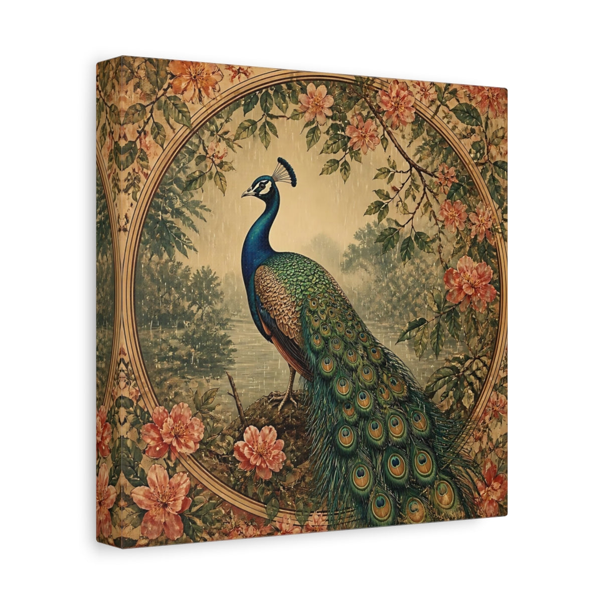 Side Mockup 9. Regal Peacock With Blossoms shown as canvas print