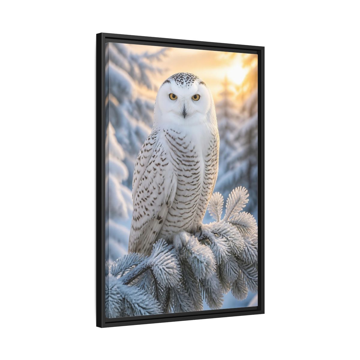 Side Mockup 14. Regal Snowy Owl Portrait shown as framed canvas print
