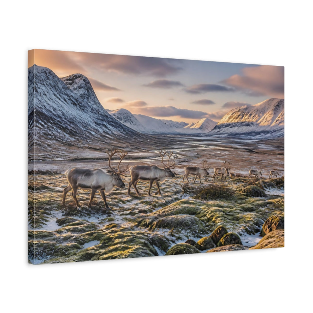 Side Mockup 3. Reindeer Landscape At Dawn shown as canvas print