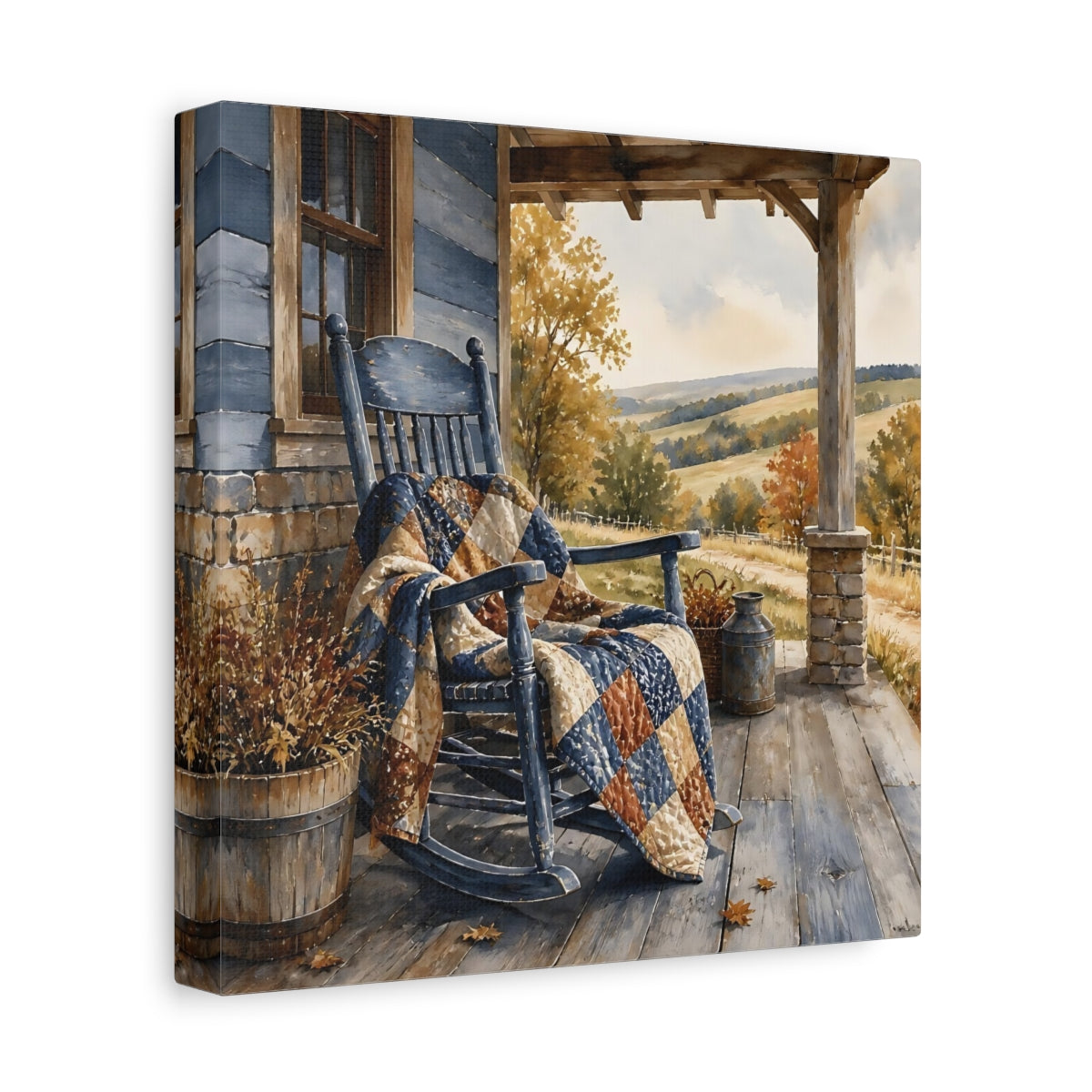Side Mockup 9. Rocking Chair With Quilt shown as canvas print