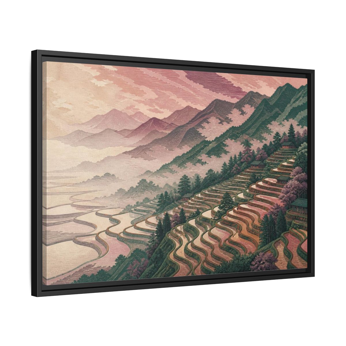 Side Mockup 14. Rose Fog Rice Terraces shown as framed canvas print