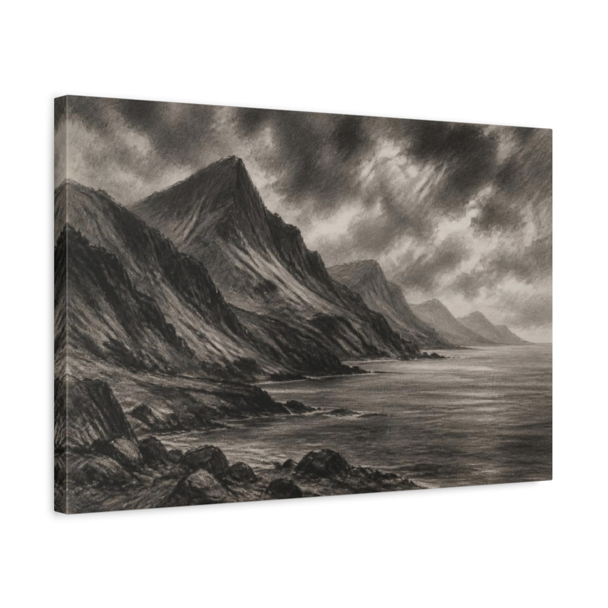 Side Mockup 3. Rugged Coastal Landscape shown as canvas print