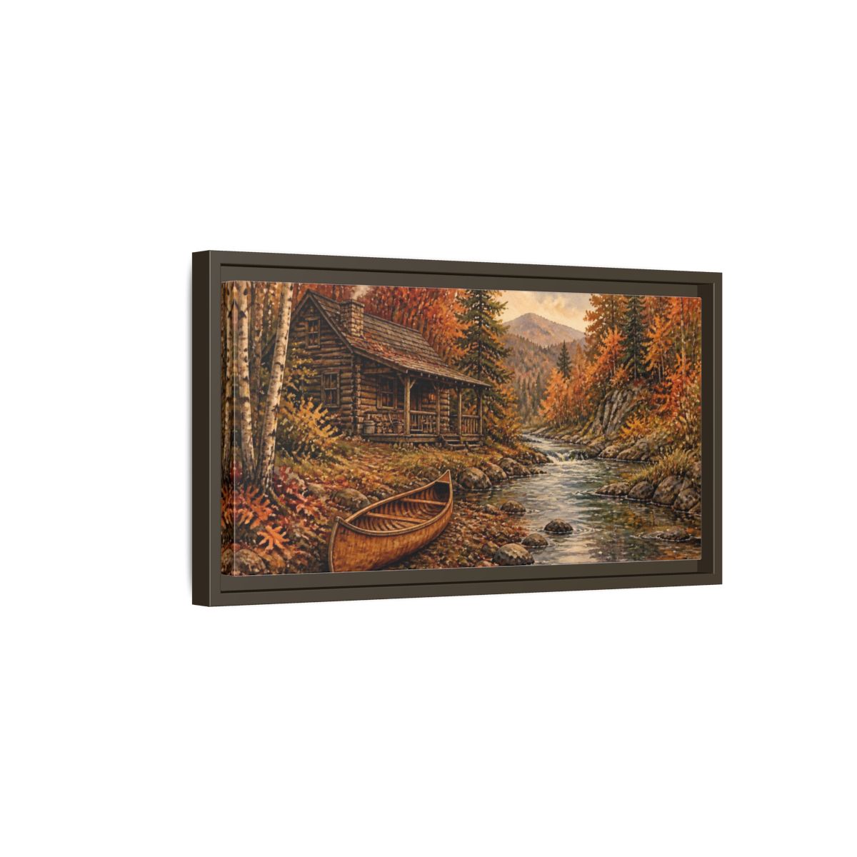 Side Mockup 7. Rustic Cabin And Canoe shown as framed canvas print