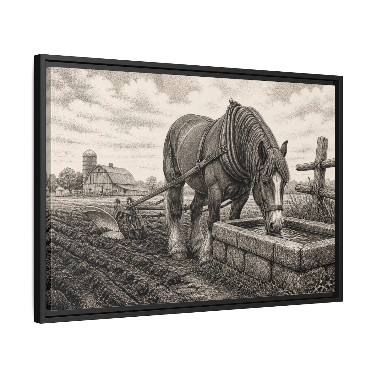 Side Mockup 14. Rustic Draft Horse At Trough shown as framed canvas print