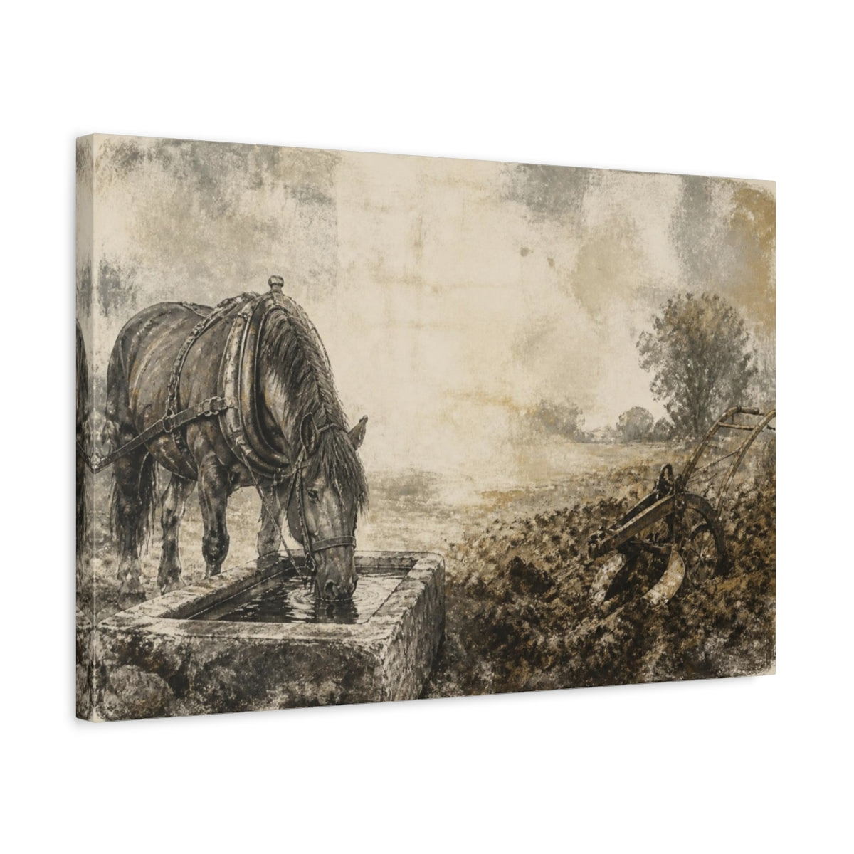 Side Mockup 3. Rustic Draft Horse Drinking shown as canvas print