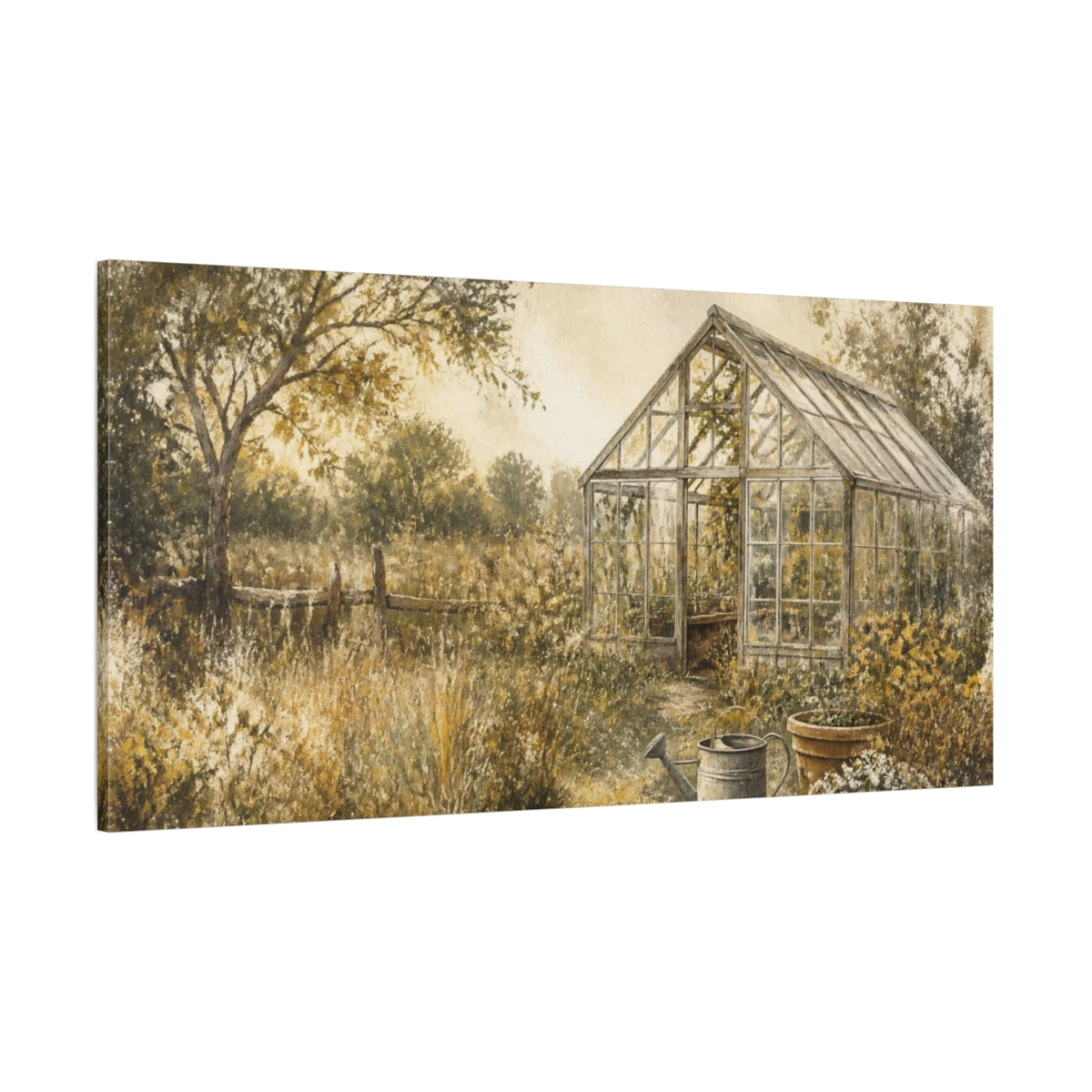 Side Mockup 2. Rustic Glass Greenhouse shown as canvas print
