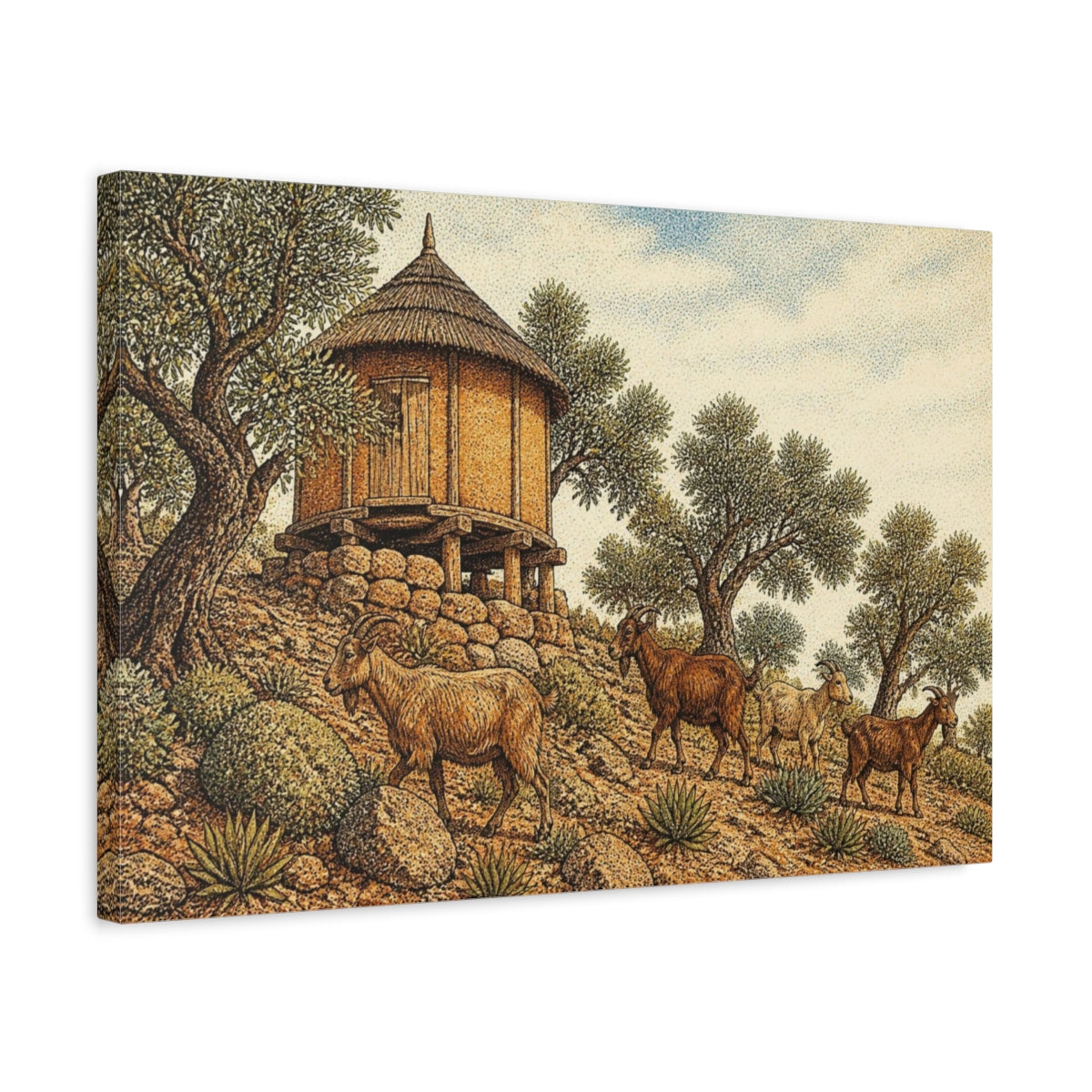 Side Mockup 3. Rustic Granary And Goats shown as canvas print