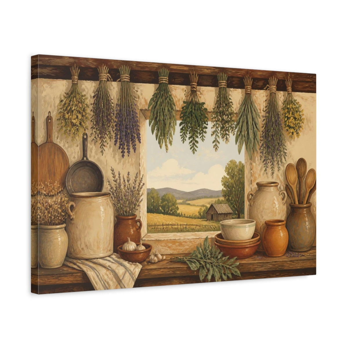 Side Mockup 3. Rustic Hanging Herbs shown as canvas print